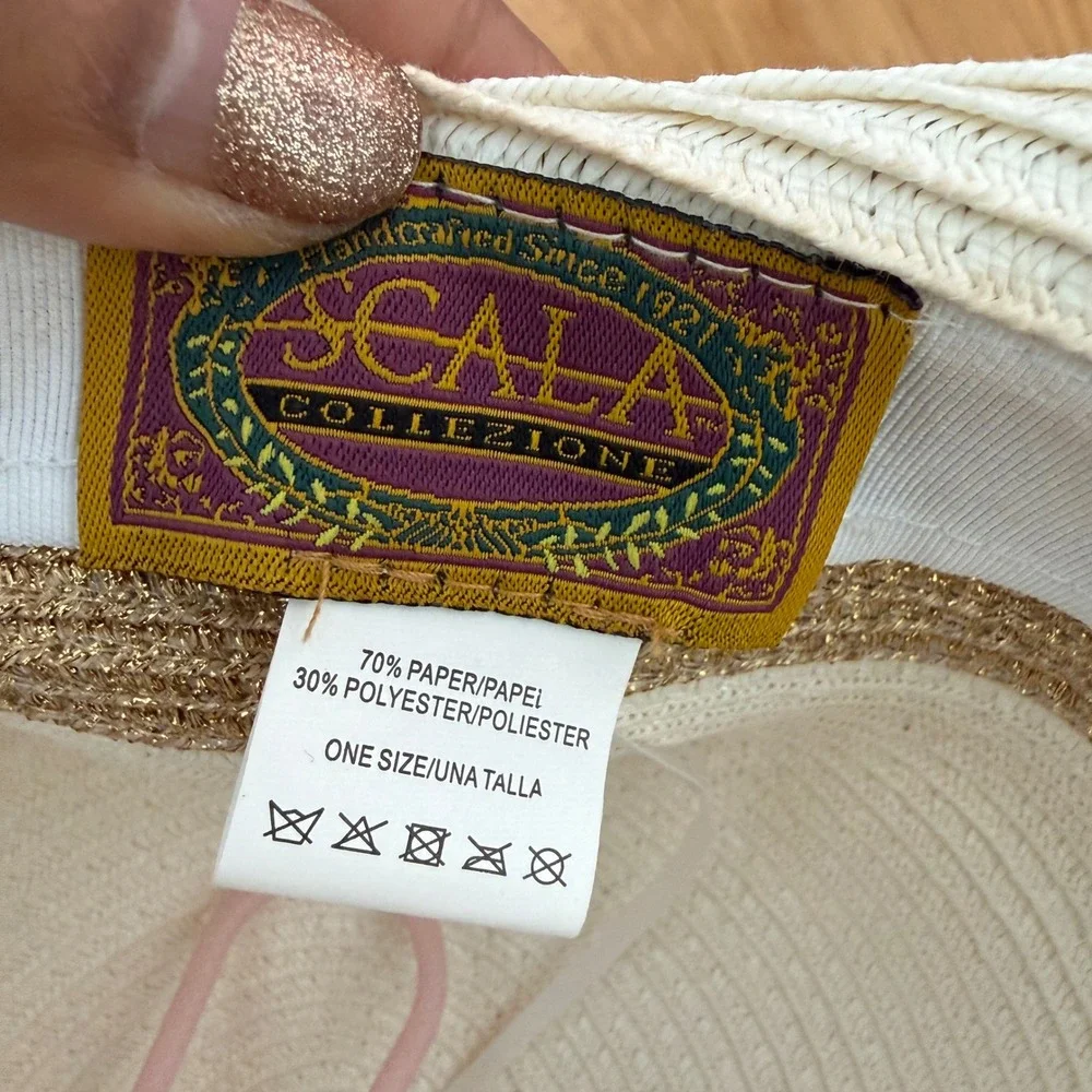 Scala OS White Gold Sun Hat Wide Brim Striped Metallic Chain Detail Beach Summer